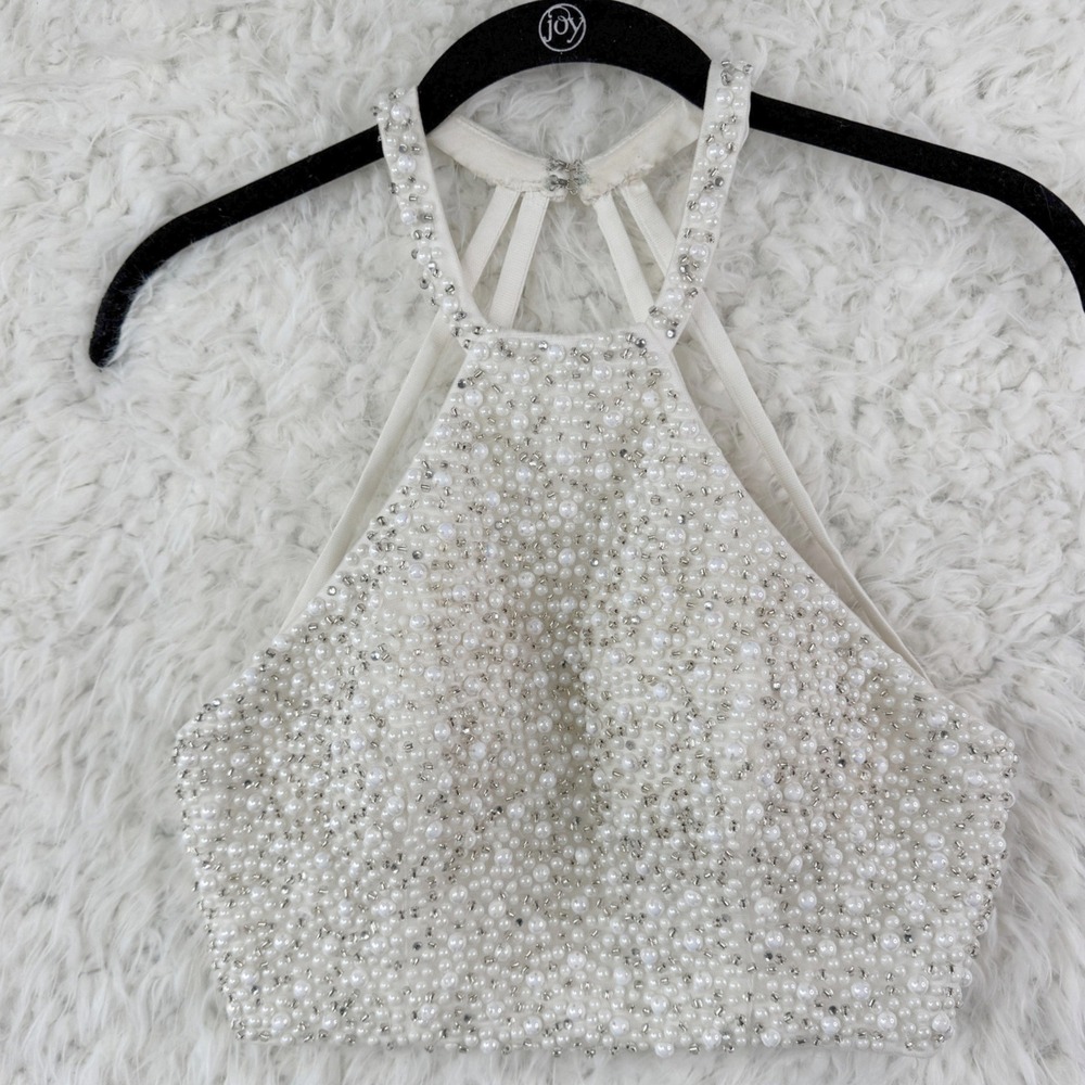 Shail K‎ Ivory Pearl Beaded Halter Crop Top Size 2 Formal Pearlcore Glam Prom